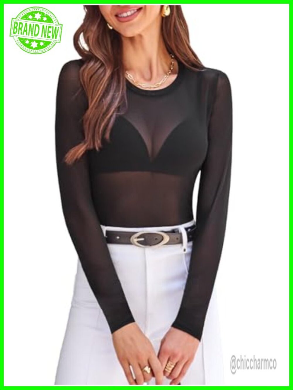Womens Mesh Long Sleeve Top Sheer See Through Crew Neck Slim Fit Shirt